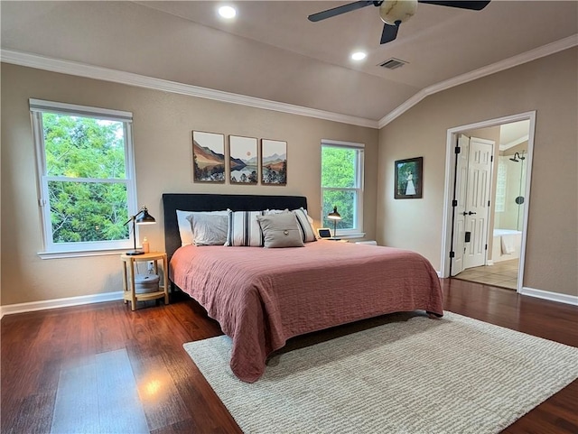 14504 Templemore Cv, Austin, TX 78717 - bedroom featuring baseboards, ornamental molding, visible vents, vaulted ceiling, and wood finished floors