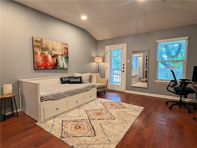 14504 Templemore Cv, Austin, TX 78717 - bedroom with lofted ceiling, access to outside, baseboards, and wood finished floors