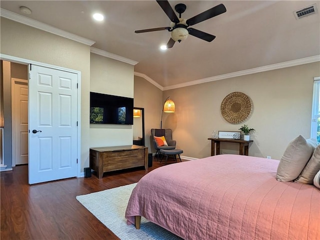 14504 Templemore Cv, Austin, TX 78717 - bedroom with recessed lighting, crown molding, dark wood finished floors, and visible vents