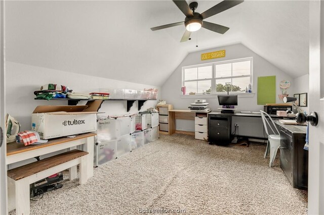 office area featuring ceiling fan, carpet floors, and vaulted ceiling