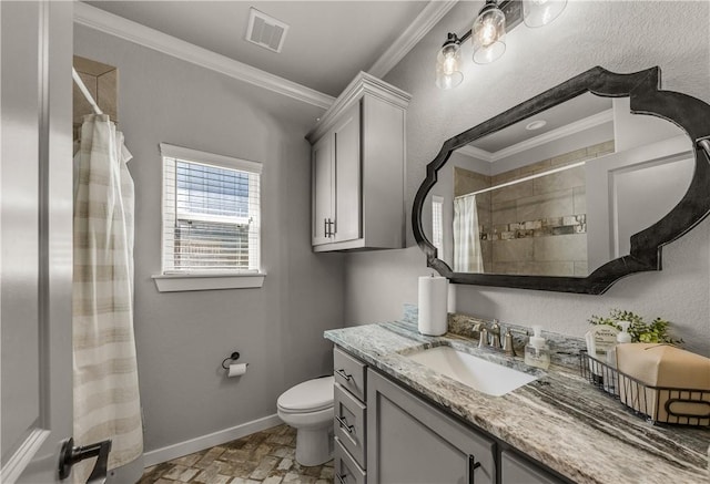 bathroom featuring ornamental molding, a shower with shower curtain, vanity, and toilet