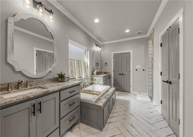 bathroom featuring vanity, crown molding, and parquet flooring