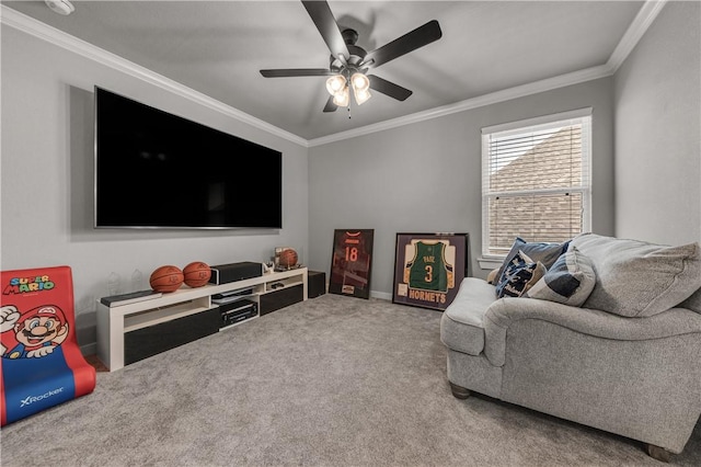 living room with ornamental molding, carpet flooring, and ceiling fan