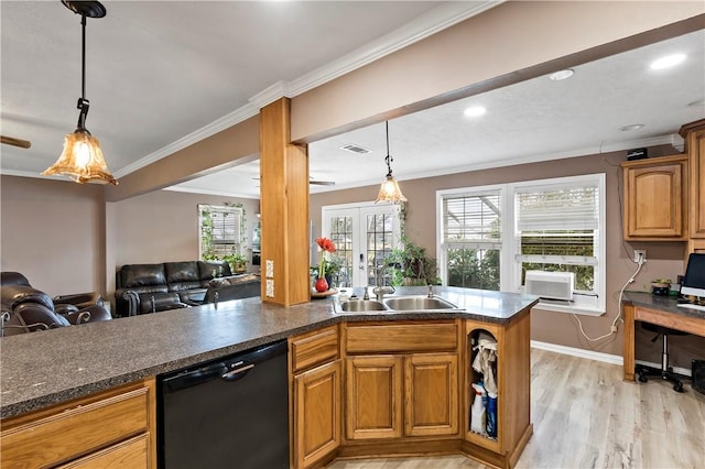 kitchen featuring french doors, sink, light wood-type flooring, dishwasher, and pendant lighting