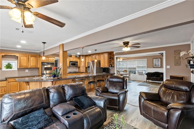 living room with sink, ornamental molding, light hardwood / wood-style floors, and a textured ceiling