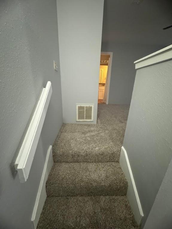 staircase featuring carpet