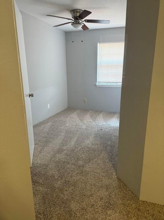 empty room featuring carpet flooring, ceiling fan, and a textured ceiling