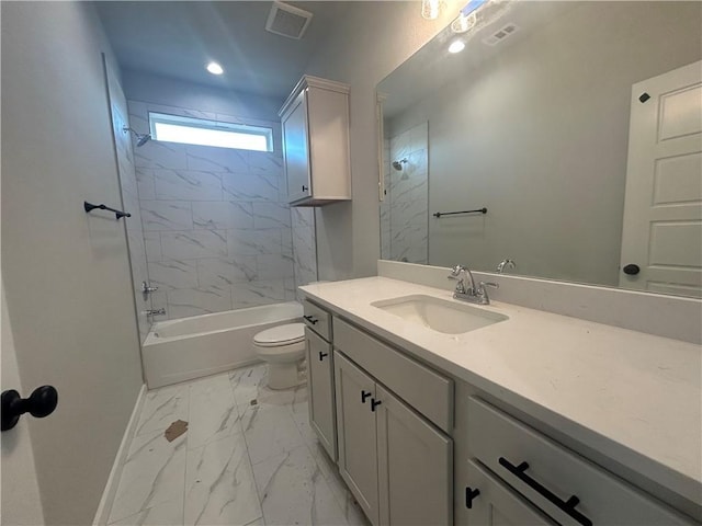 bathroom with marble finish floor, visible vents, vanity, and toilet