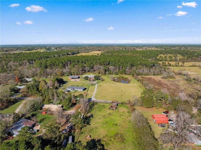 bird's eye view with a wooded view