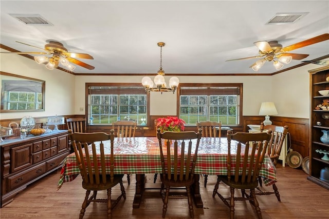 dining room with plenty of natural light, visible vents, and wainscoting