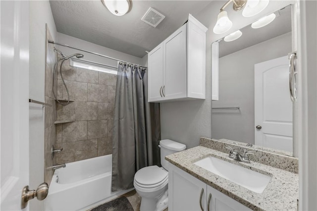 full bathroom with toilet, shower / bath combo with shower curtain, vanity, and visible vents