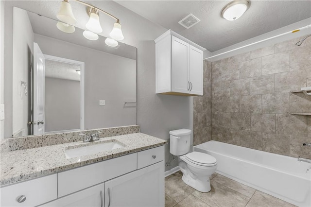 full bath featuring visible vents, shower / washtub combination, toilet, tile patterned floors, and vanity