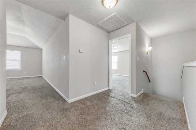 additional living space featuring carpet floors, a textured ceiling, and a healthy amount of sunlight