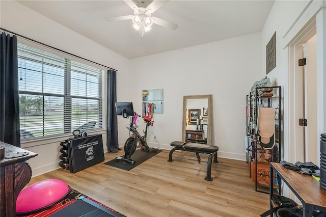 4302 Fox River Ln, Bryan, TX 77802 - workout area featuring baseboards, a ceiling fan, and wood finished floors