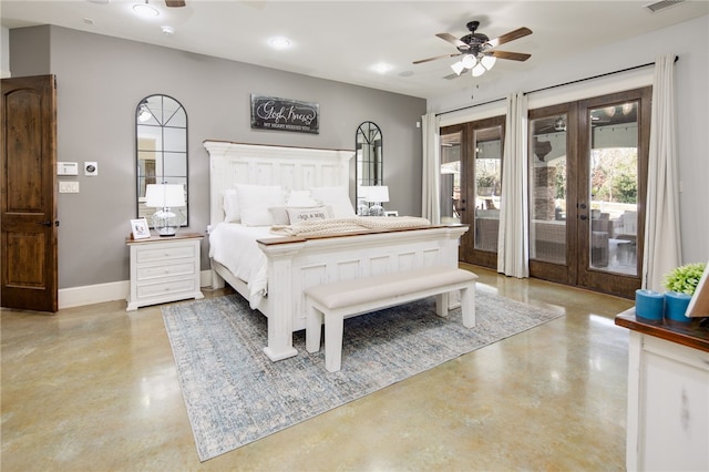 bedroom with finished concrete flooring, recessed lighting, french doors, baseboards, and access to exterior