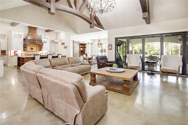 living area with beam ceiling, a notable chandelier, concrete floors, and high vaulted ceiling