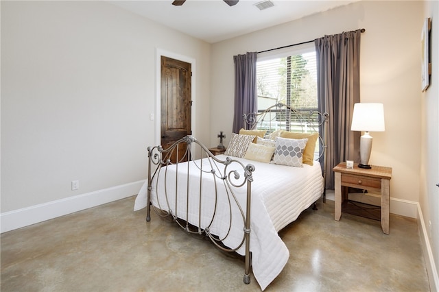 bedroom with visible vents, finished concrete flooring, baseboards, and ceiling fan