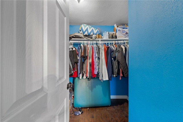 walk in closet with dark wood-type flooring