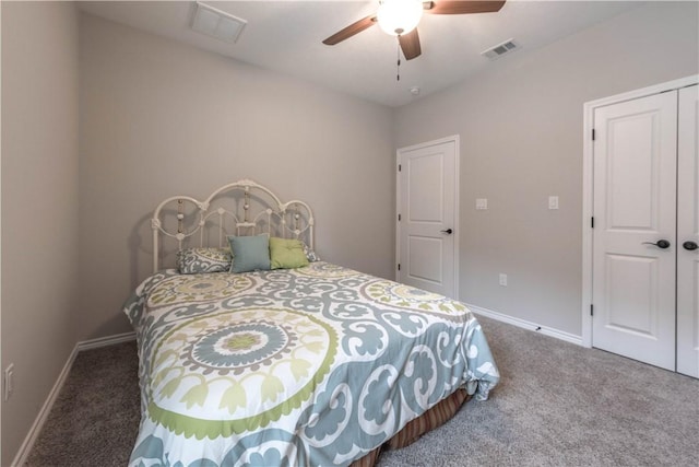 bedroom featuring carpet flooring, a closet, and ceiling fan