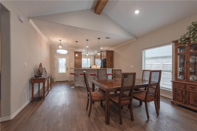 dining area with vaulted ceiling with beams, dark hardwood / wood-style flooring, and ornamental molding