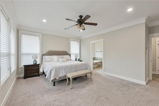 bedroom with ceiling fan, crown molding, light carpet, and multiple windows