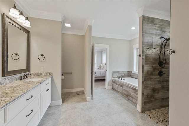 bathroom featuring tile patterned flooring, shower with separate bathtub, vanity, and crown molding