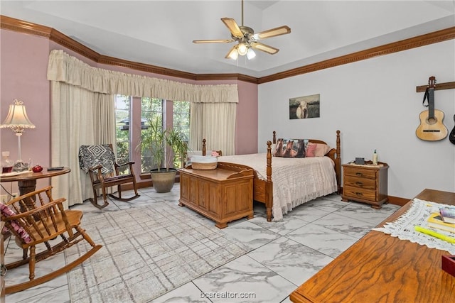 bedroom with ceiling fan and crown molding