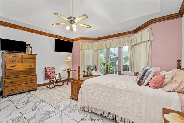 bedroom featuring ceiling fan and crown molding