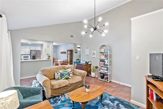 living room with lofted ceiling, a chandelier, visible vents, baseboards, and tile patterned floors