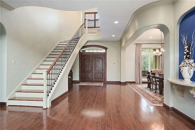 1650 Bird Pond Rd, College Station, TX 77845 - foyer entrance with a chandelier, stairway, baseboards, wood finished floors, and recessed lighting