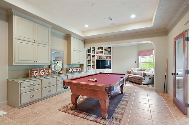 1650 Bird Pond Rd, College Station, TX 77845 - recreation room featuring light tile patterned flooring, billiards table, a raised ceiling, crown molding, and baseboards