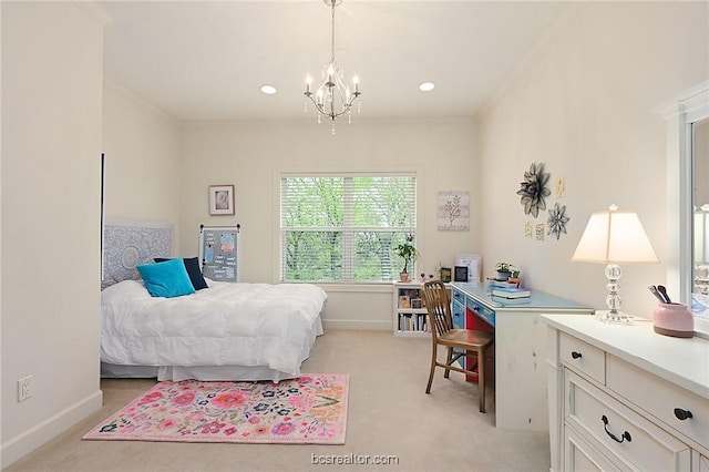 1650 Bird Pond Rd, College Station, TX 77845 - bedroom featuring a chandelier, light colored carpet, crown molding, and baseboards