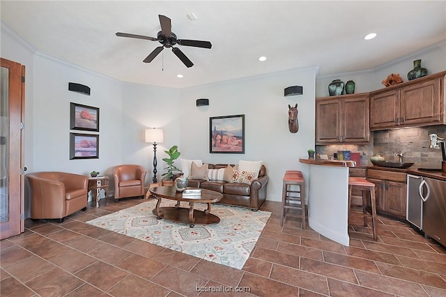 1650 Bird Pond Rd, College Station, TX 77845 - living area featuring a ceiling fan, ornamental molding, and recessed lighting