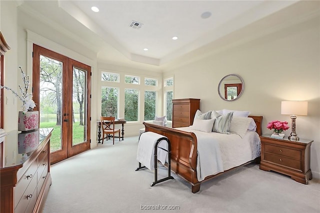 1650 Bird Pond Rd, College Station, TX 77845 - bedroom with french doors, carpet floors, access to exterior, recessed lighting, and a raised ceiling