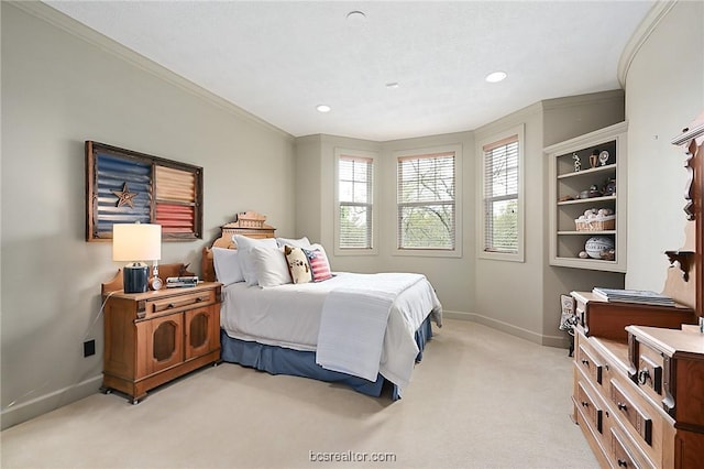1650 Bird Pond Rd, College Station, TX 77845 - bedroom with baseboards, light colored carpet, ornamental molding, and recessed lighting