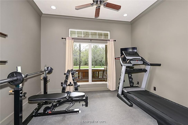 1650 Bird Pond Rd, College Station, TX 77845 - exercise area with crown molding, a ceiling fan, baseboards, and recessed lighting