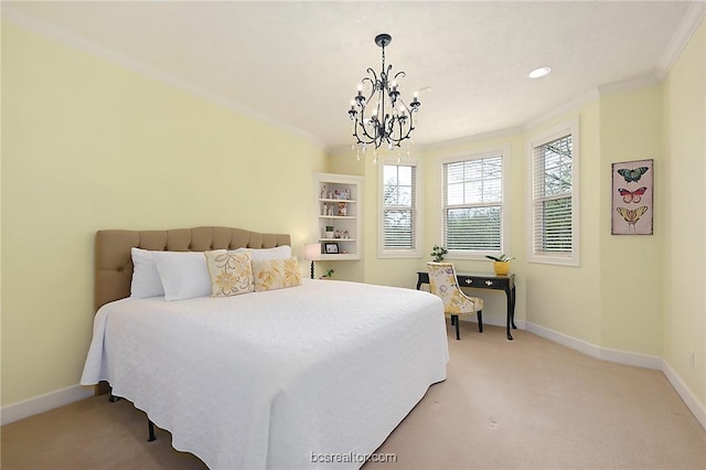 1650 Bird Pond Rd, College Station, TX 77845 - bedroom featuring light carpet, baseboards, crown molding, and a chandelier