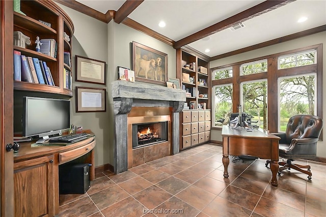 1650 Bird Pond Rd, College Station, TX 77845 - office area featuring a glass covered fireplace, baseboards, beam ceiling, ornamental molding, and built in features