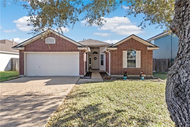 single story home featuring fence, concrete driveway, a front yard, a garage, and brick siding