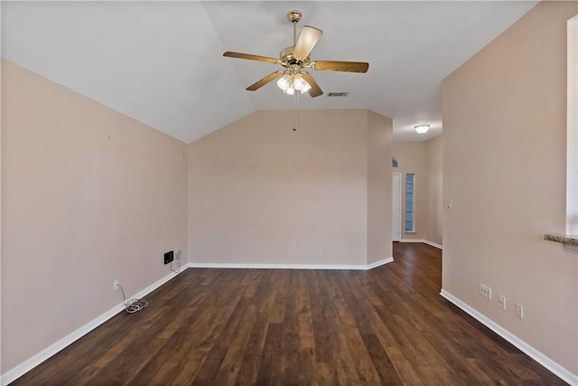 empty room with visible vents, ceiling fan, baseboards, and wood finished floors