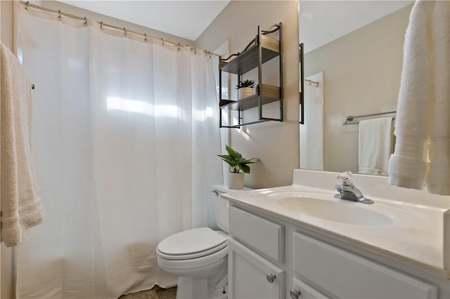 full bathroom featuring toilet, vanity, and a shower with curtain