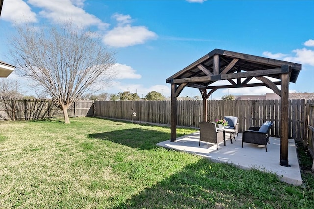 view of yard featuring a fenced backyard, a gazebo, and a patio