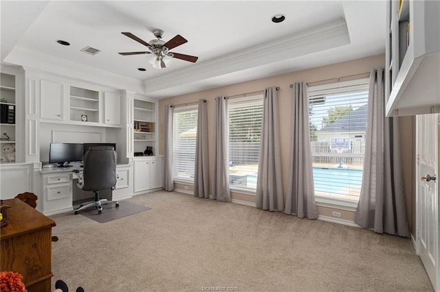 carpeted office with a raised ceiling, a wealth of natural light, and ceiling fan