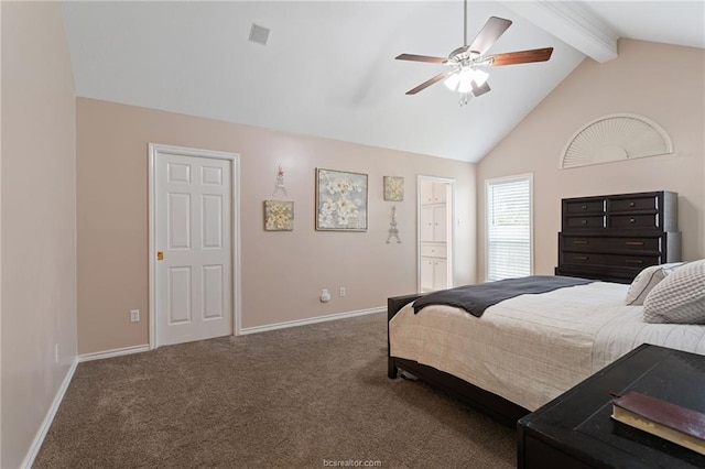 carpeted bedroom featuring lofted ceiling with beams and ceiling fan