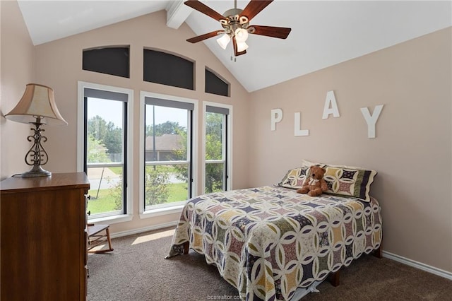 carpeted bedroom with vaulted ceiling with beams and ceiling fan