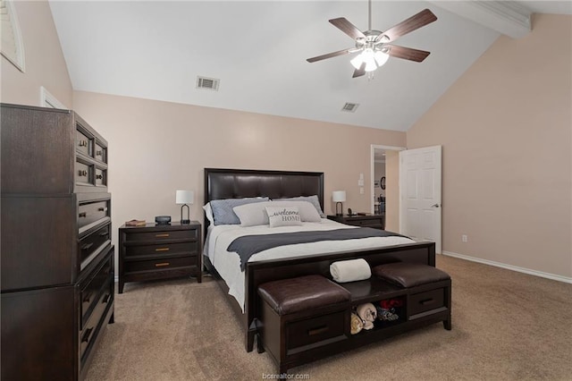 bedroom featuring vaulted ceiling with beams, ceiling fan, and carpet