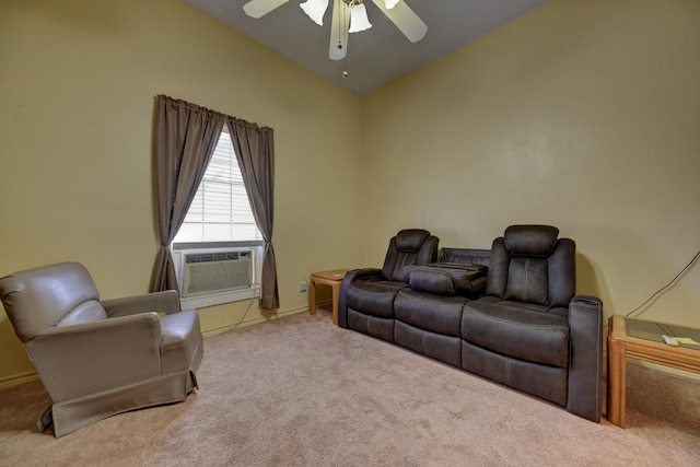 carpeted living room featuring ceiling fan, cooling unit, and vaulted ceiling