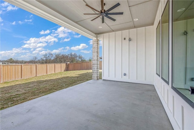 view of patio / terrace featuring a fenced backyard and ceiling fan