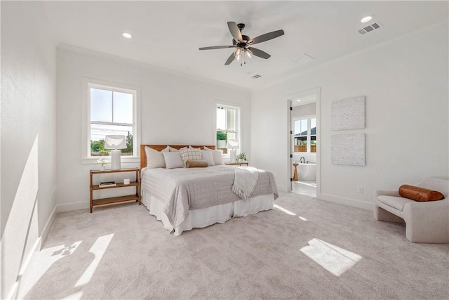 bedroom featuring light carpet, crown molding, visible vents, and baseboards