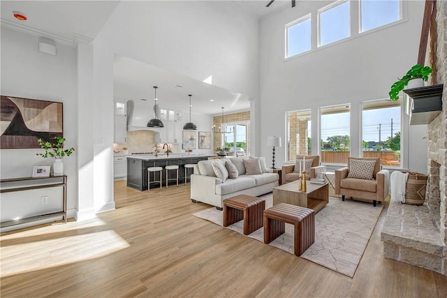 living area with light wood-type flooring and a towering ceiling